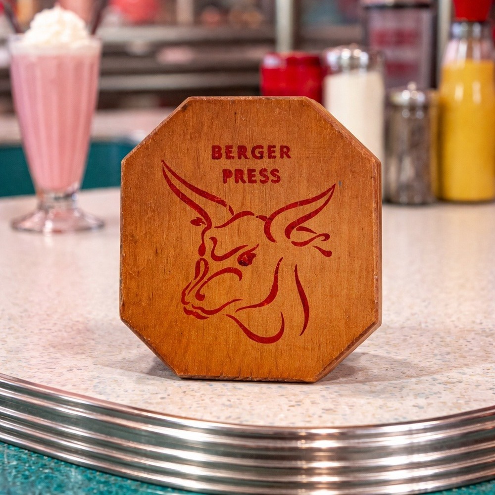 Vintage MCM Berger Press Wooden‎ Hamburger Patty Mold Octagon Bull Graphic Wood